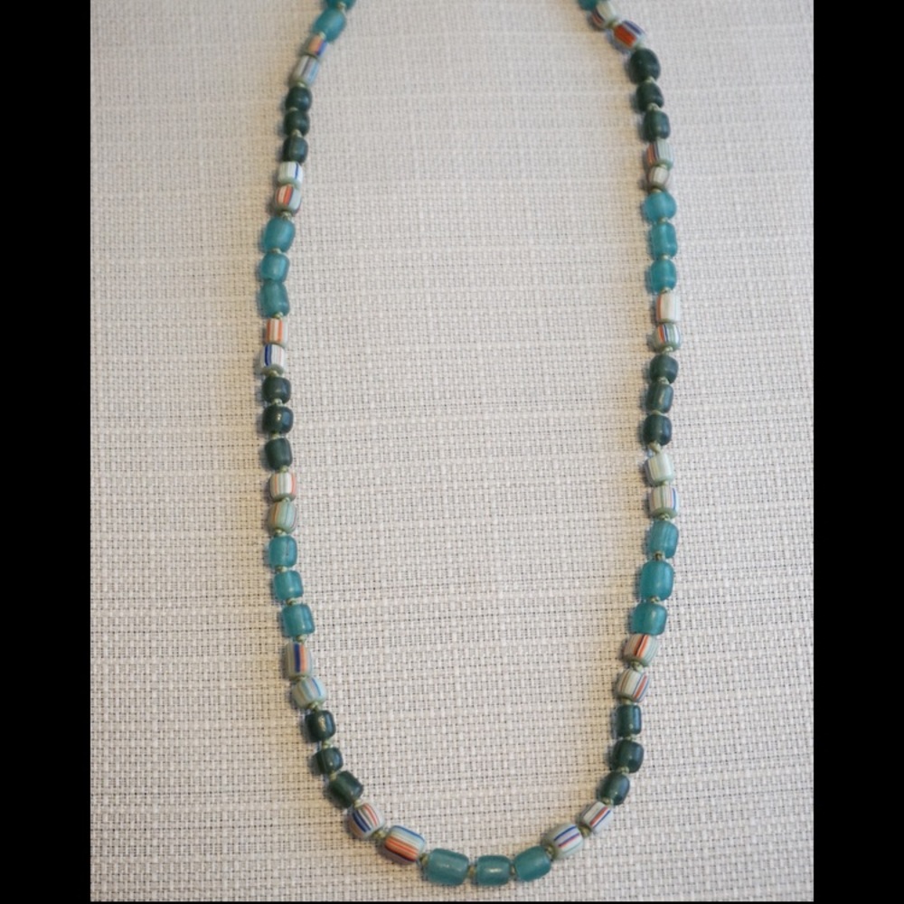 Teal Blue Recycled Glass Bead Handmade Necklace